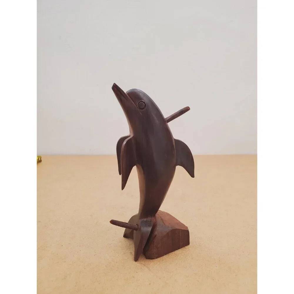 Vintage Hardwood Dolphin Statue Wood Carving, Rustic Nautical Beach Home Decor - Picture 5 of 15